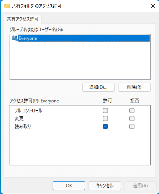 Windowsの共有フォルダのアクセス許可の画面