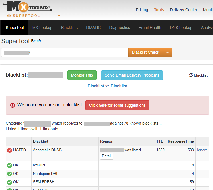 スパムメールブラックリストに登録されている状態