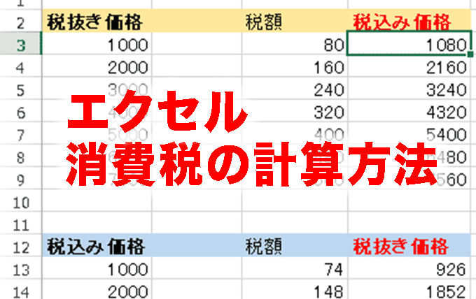 エクセルで「消費税と税込/税抜き価格」を求める計算式【Excel関数