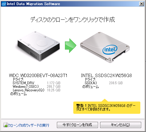 Intel Data Media Software のクローン作成画面