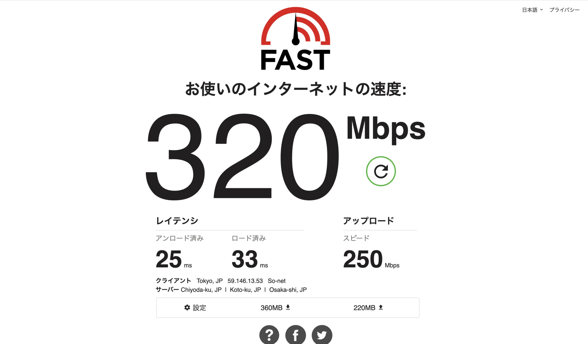 FAST.comによるインターネット通信速度の測定結果画面